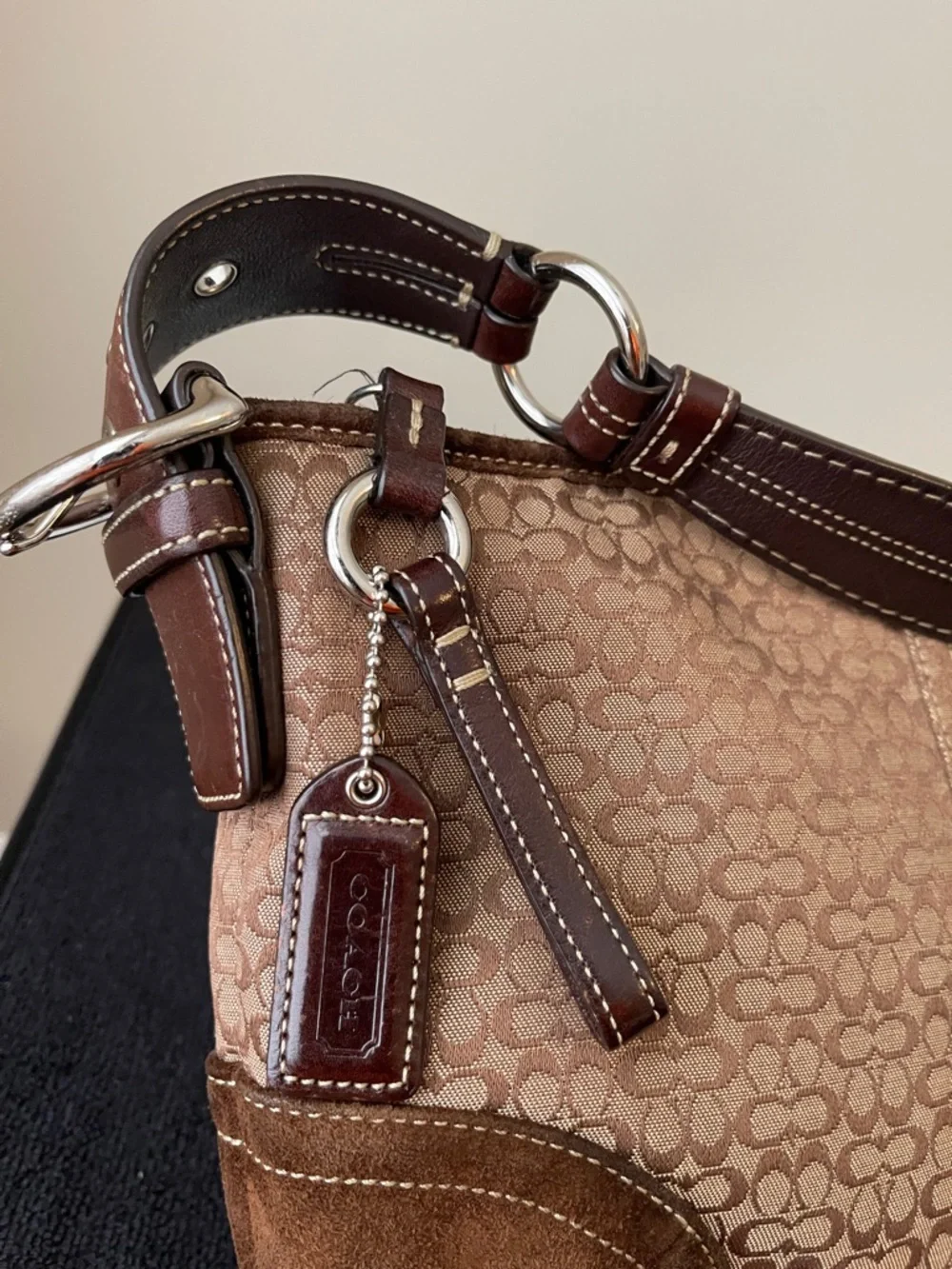 Y2K Coach Tan Signature Canvas and Brown Suede Hobo Bag